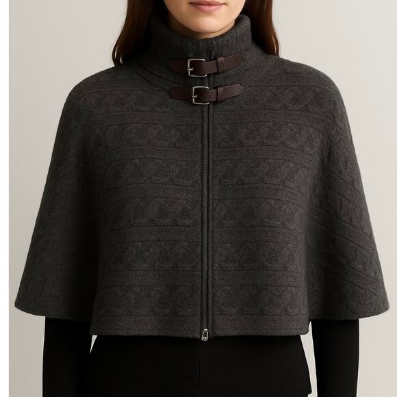 Ralph Lauren Cashmere Cable Knit Capelet Leather Buckle Equestrian Luxury L - Picture 1 of 13
